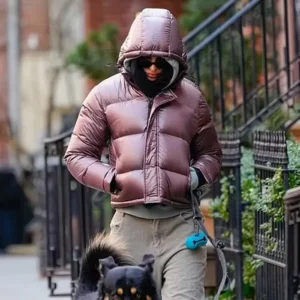 Emily Ratajkowski NYC Pink Puffy Hooded Jacket For Women
