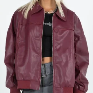 Goldsmith Faux Leather Bomber Jacket Burgundy