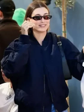 Hailey Bieber Navy Zip Bomber Jacket