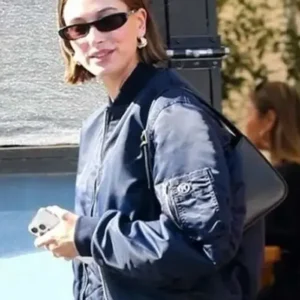 Hailey Bieber Navy Zip Bomber Jacket For Women