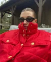 Hailey Bieber Red Puffer Jacket On Sale