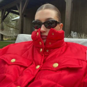 Hailey Bieber Red Puffer Jacket On Sale