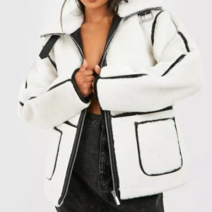 Jacqueline Faux Shearling Ivory Aviator Leather Jacket
