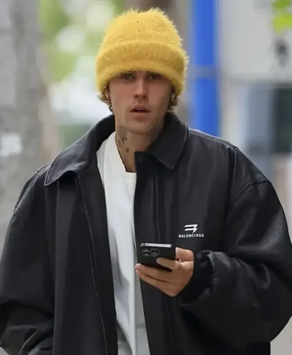 Justin Bieber 2024 Goes for Stroll in WeHo Black Leather Jacket