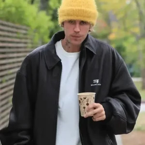 Justin Bieber 2024 Goes for Stroll in WeHo Black Leather Jacket For Men