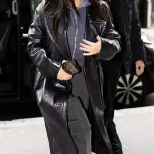 Kim Kardashian Trench Black Leather Coat