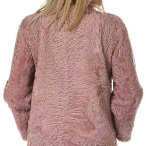 Lila Light Pink Persian Lamb Fur Round Collar Jacket Back