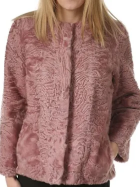 Lila Light Pink Persian Lamb Fur Round Collar Jacket Front