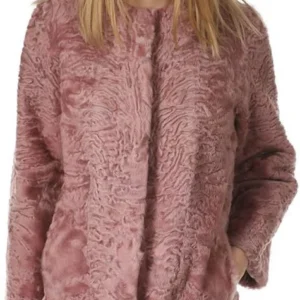 Lila Light Pink Persian Lamb Fur Round Collar Jacket Front