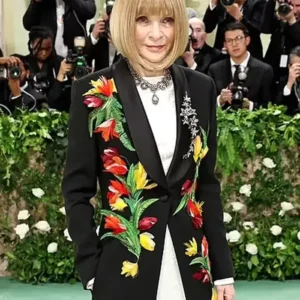 Met Gala 2024 Anna Wintour Colorful Floral Long Black Coat