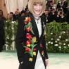 Met Gala 2024 Anna Wintour Colorful Floral Long Black Coat For Women