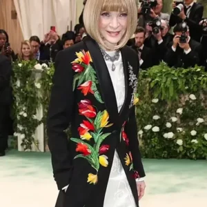 Met Gala 2024 Anna Wintour Colorful Floral Long Black Coat For Women