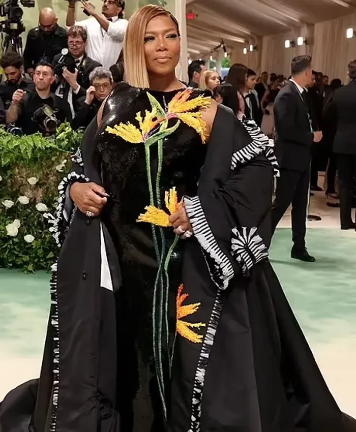 Met Gala 2024 Queen Latifah Black Long Floral Coat