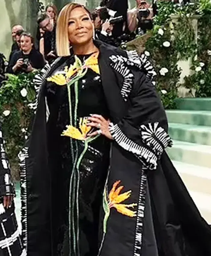 Met Gala 2024 Queen Latifah Black Long Floral Coat