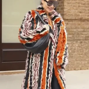 Met Gala 2024 Rita Ora Fur Stripes Orange Long Coat For Women