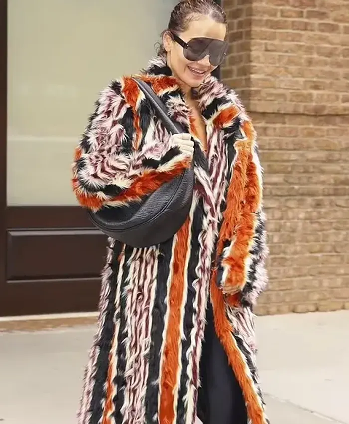 Met Gala 2024 Rita Ora Fur Stripes Orange Long Coat For Women