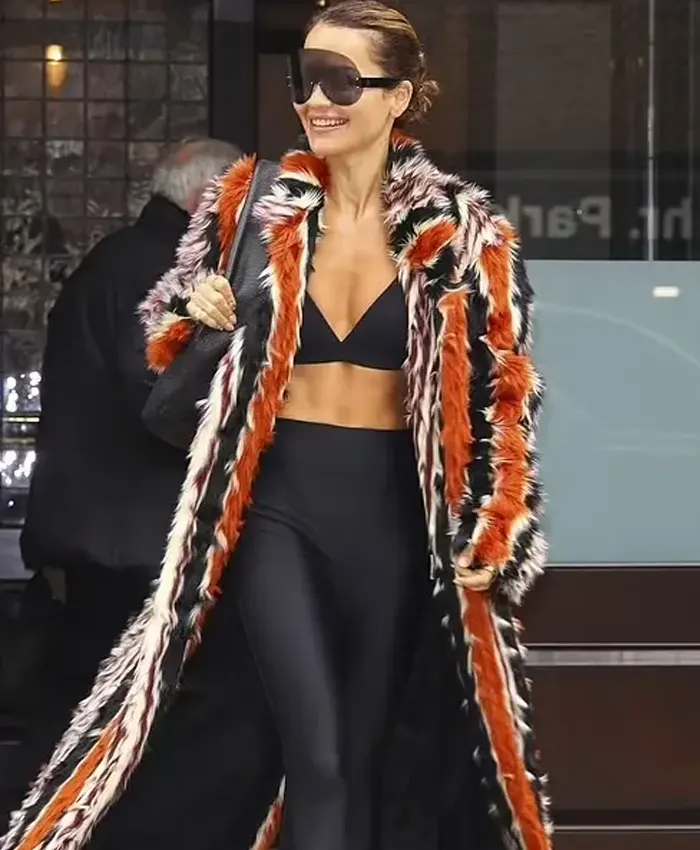 Met Gala 2024 Rita Ora Fur Stripes Orange Long Coat