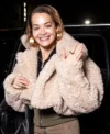 Met Gala Rita Ora Beige Teddy Cropped Jacket For Sale
