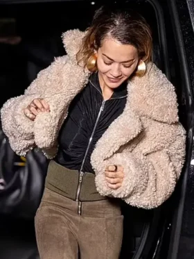Met Gala Rita Ora Beige Teddy Cropped Jacket For Women