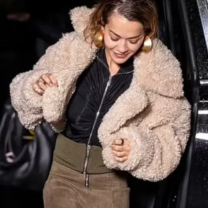 Met Gala Rita Ora Beige Teddy Cropped Jacket For Women