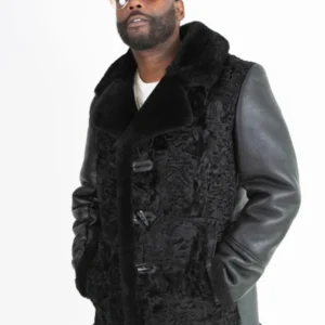Micah Persian Lamb Fur with Leather Sleeves Black Jacket Front