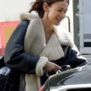 Michelle Keegan Fool Me Once Black Leather Shearling Jacket On Sale
