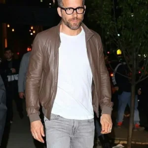 Now Ryan Reynolds Brown Leather Bomber Jacket For Men