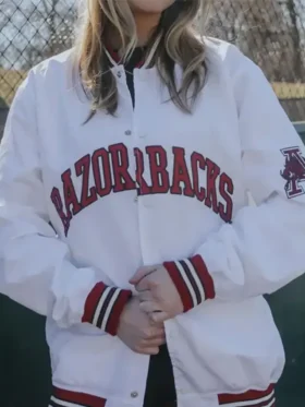 Pon Arkansas Razorbacks Bomber White Satin Varsity Jacket