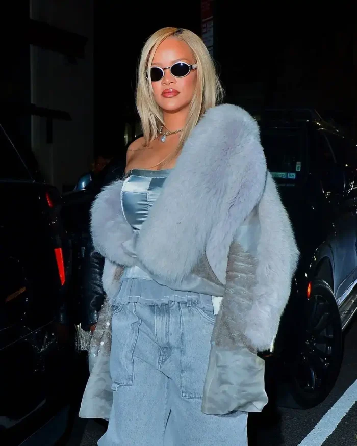 Rihanna NYC 2024 Grey Crop Fuzzy Jacket