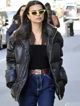 Shop Emily Ratajkowski Puffer Leather Jacket