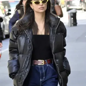 Shop Emily Ratajkowski Puffer Leather Jacket