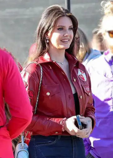 Shop Super Bowl Lana Del Rey Red Leather Jacket