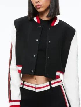 Top Chef Kristen Kish Cropped Black Leather Varsity Jacket For Sale