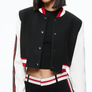 Top Chef Kristen Kish Cropped Black Leather Varsity Jacket For Sale