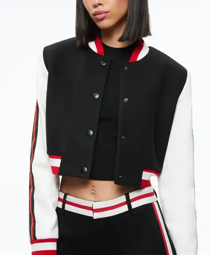 Top Chef Kristen Kish Cropped Black Leather Varsity Jacket For Sale