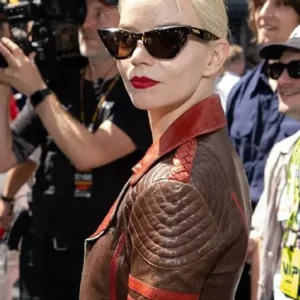 Anya Taylor Joy F1 GP Monaco Brown Biker Leather Jacket For Sale
