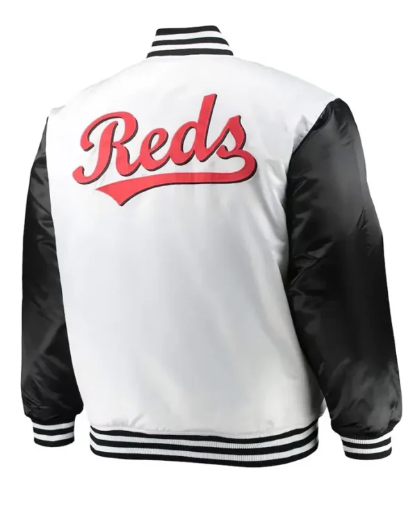 Cincinnati Reds White and Black Satin Varsity Jacket Back
