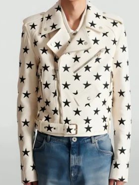 E News Babyface Star Print Moto Leather Jacket