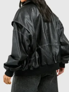 Petite Pu Contrast Stitch Bomber Jacket Backside