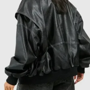 Petite Pu Contrast Stitch Bomber Jacket Backside