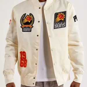 Phoenix Suns Off White Full Snap Satin Varsity Jacket