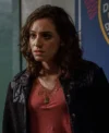 Tess Ross Blue Bloods S14 Black Shearling Jacket closeup