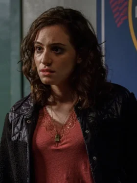 Tess Ross Blue Bloods S14 Black Shearling Jacket closeup