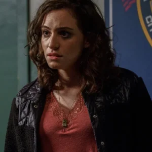 Tess Ross Blue Bloods S14 Black Shearling Jacket closeup