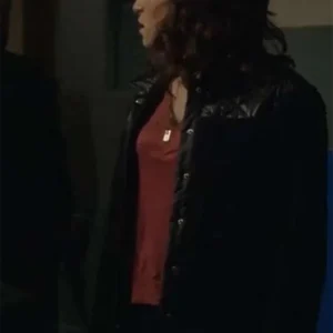 Tess Ross Blue Bloods S14 Black Shearling Jacket left