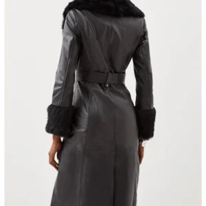 Black Shearling Cuff And Collar Leather Coat