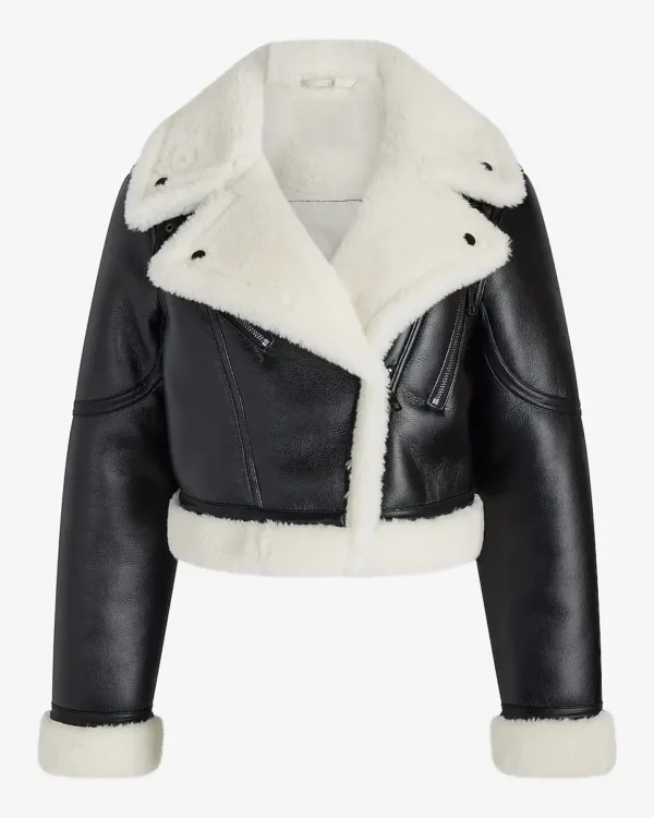 Faux Leather Sherpa Lined Cropped Moto Jacket