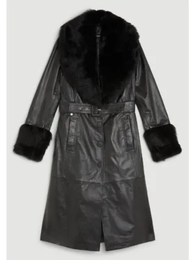 Leather Coat with Fur Collar and Cuffs