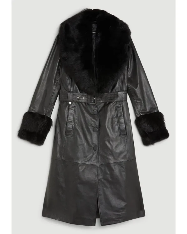 Leather Coat with Fur Collar and Cuffs