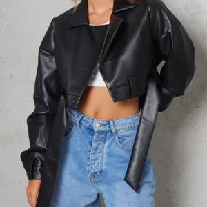 Order Black Oversized Belted Hem Cropped Biker Jacket For Sale Men And Women